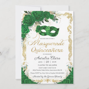 Masquerade Quinceañera Emerald Green Floral Gold Einladung