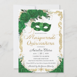 Masquerade Quinceañera Emerald Green Floral Gold Einladung