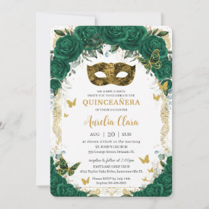 Masquerade Quinceañera Emerald Green Floral Gold Einladung