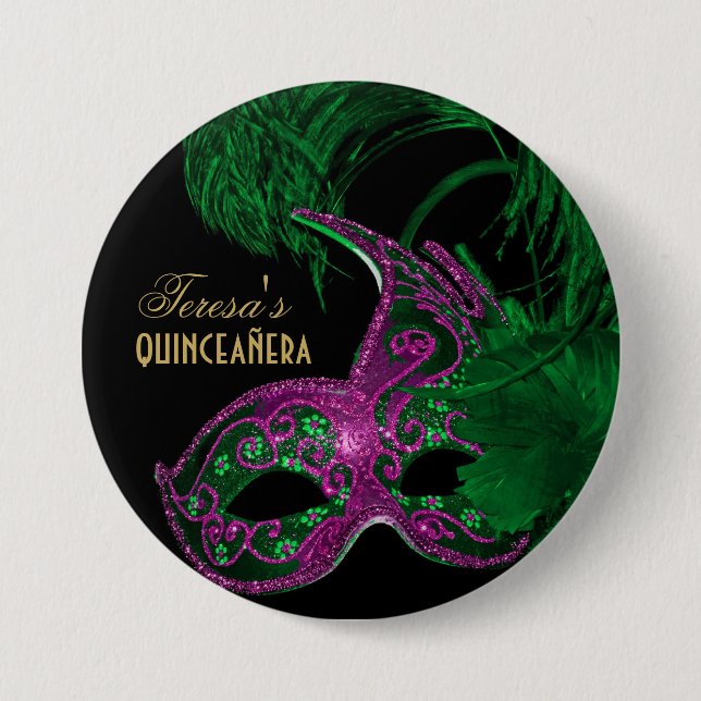 Masquerade quinceañera Geburtstag grün, rosa Maske Button (Vorderseite)