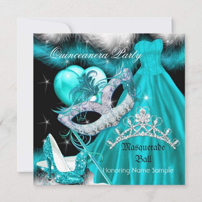 Masquerade Quinceanera Geburtstagspartei Aquamarin Einladung (Vorderseite)