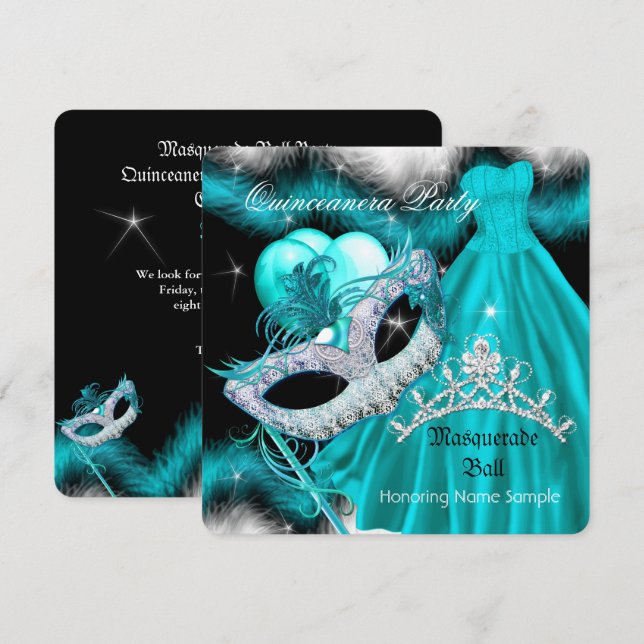 Masquerade Quinceanera Geburtstagspartei Aquamarin Einladung (Vorne/Hinten)
