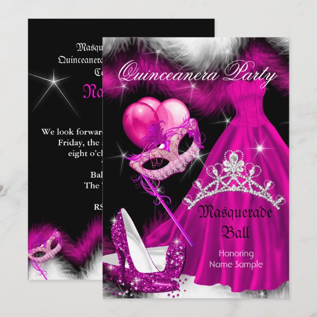 Masquerade Quinceanera Geburtstagsparty Pink 3a Einladung (Vorne/Hinten)