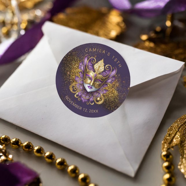 Masquerade Quinceanera Lila Gold V2 ID1031 Runder Aufkleber (Von Creator hochgeladen)