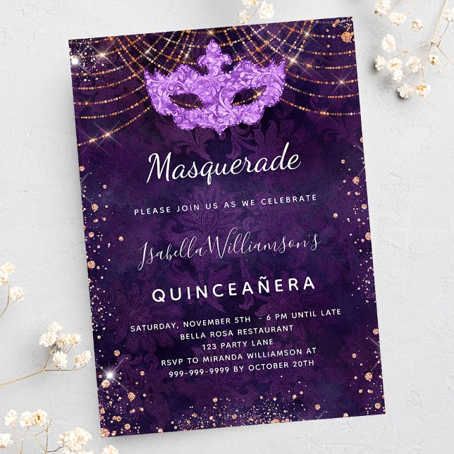 Masquerade Quinceanera lila Rose Gold Party Einladung (Von Creator hochgeladen)