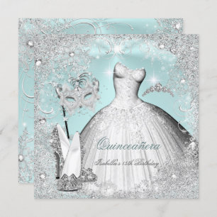 Masquerade Quinceanera Minze Blue Silver Schneeflo Einladung
