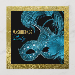 Masquerade quinceañera Party blau, Goldfolie Einladung