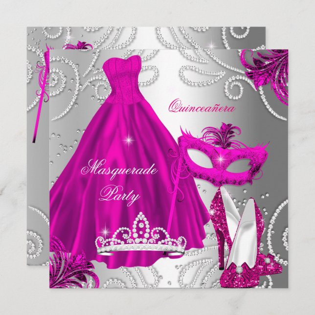 Masquerade Quinceanera Party Rosa Silberkleid Einladung (Vorne/Hinten)