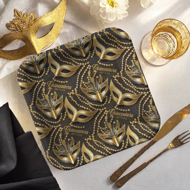 Masquerade Quinceanera Perlen Masken Schwarze ID10 Pappteller (Von Creator hochgeladen)