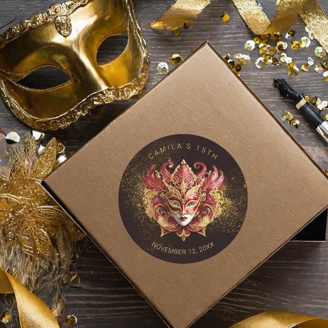 Masquerade Quinceanera Red Gold V2 ID1031 Runder Aufkleber (Von Creator hochgeladen)