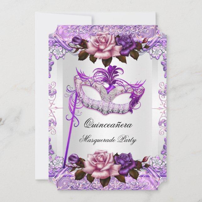 Masquerade Quinceanera Silver Pink Lila Rose Einladung (Vorderseite)