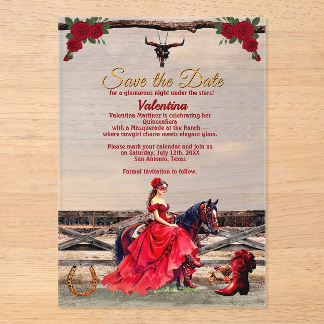 Masquerade Ranch Quinceañera Red Glam Girl & Name Acryleinladungen (Vorderseite)
