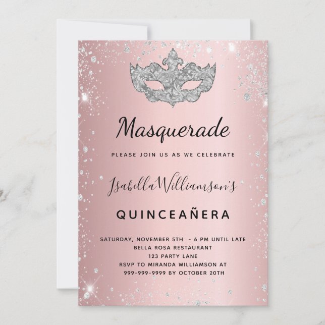 Masquerade Rosa silber Quinceanera Einladung (Vorderseite)