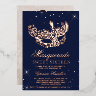 Masquerade Rose Gold Glitzer Maske Sweet 16 Foto Folieneinladung