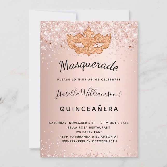 Masquerade Rose Gold Glitzer Quinceanera Einladung (Vorderseite)