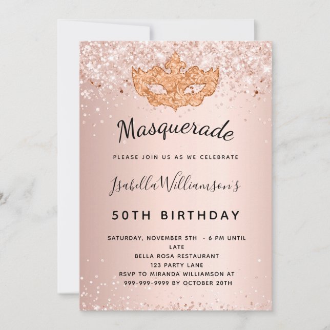 Masquerade Rose Gold Glitzer Staub Geburtstag Einladung (Vorderseite)