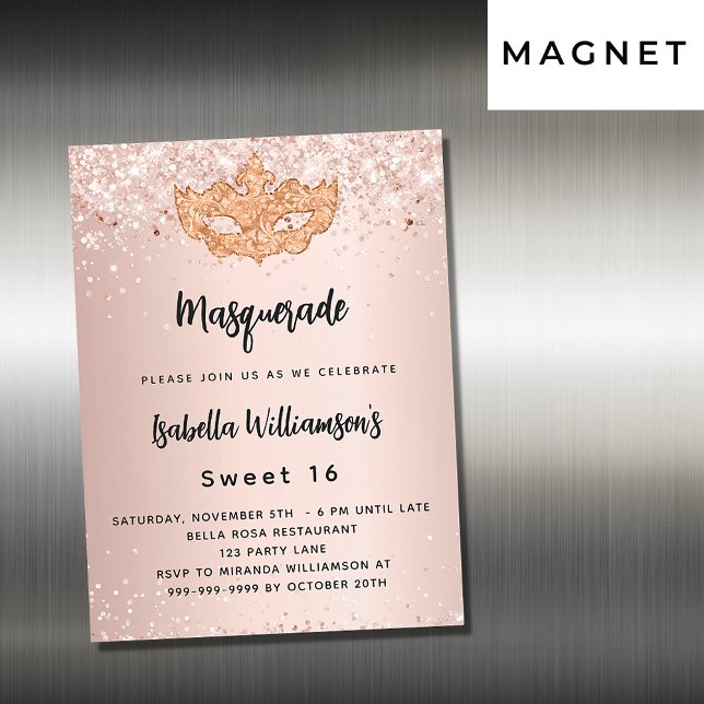 Masquerade Rose Gold Glitzer Sweet 16 Luxus Magneteinladung (Von Creator hochgeladen)