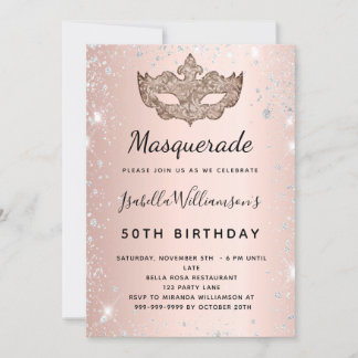 Masquerade Rose Gold Silber Glitzer Geburtstag Einladung