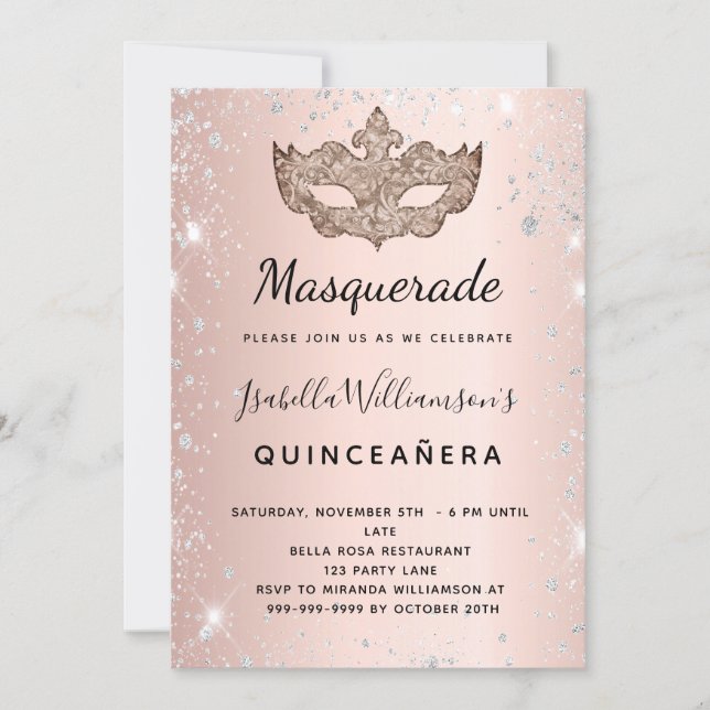 Masquerade Rose Gold silber Glitzer Quinceanera Einladung (Vorderseite)