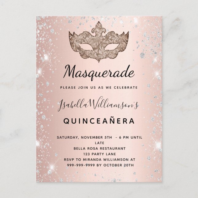 Masquerade Rose Gold silber Glitzer Quinceanera Einladungspostkarte (Vorderseite)