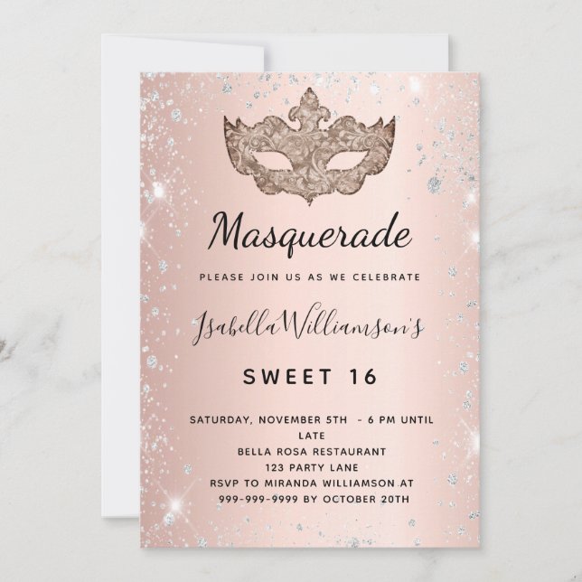 Masquerade Rose Gold silber Glitzer Staub Sweet 16 Einladung (Vorderseite)