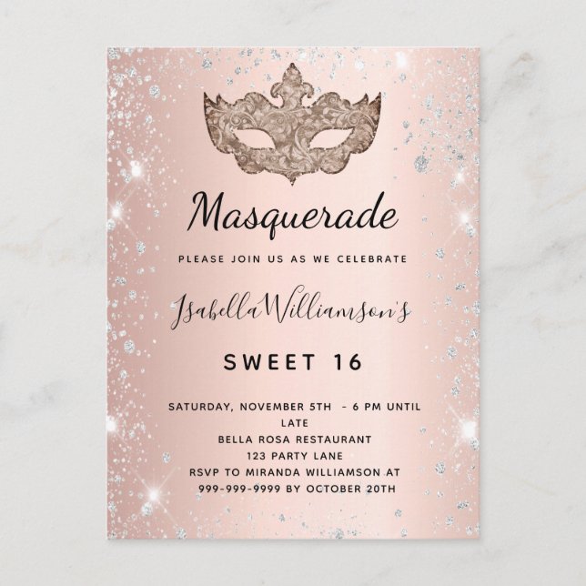 Masquerade Rose Gold silber Glitzer Staub Sweet 16 Einladungspostkarte (Vorderseite)