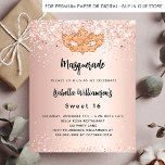 Masquerade Rose Gold Sweet 16 Einladung Flyer<br><div class="desc">Bitte beachten Sie, dass diese Einladung auf Flyer Papier und sehr dünn ist. Umschläge sind nicht enthalten. Für dickere Einladungen (gleiche Gestaltung) besuchen Sie bitte unseren Shop. Für eine elegante Masquerade, für einen süßen 16., 16. Geburtstag. Eine gürtelige Rose goldene Gradienten Blick Hintergrund. Dekoriert mit Imitaten Glitzer Staub und eine...</div>