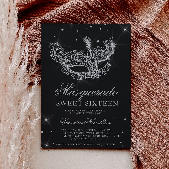 Masquerade Schwarz-Silber-Glitzer Maske Sweet 16 Einladung (Masquerade black silver glitter mask Sweet 16 Invitation)