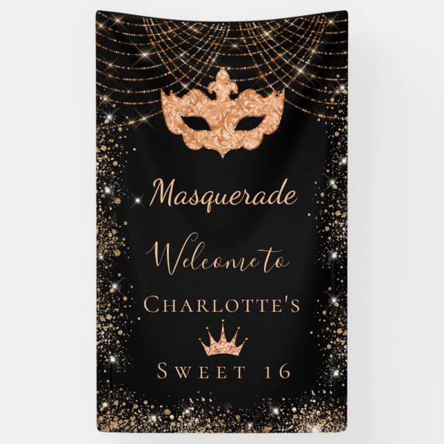 Masquerade schwarzer Glitzer Staub Sweet 16 Banner (Vertikal)