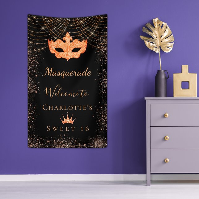 Masquerade schwarzer Glitzer Staub Sweet 16 Banner (Von Creator hochgeladen)