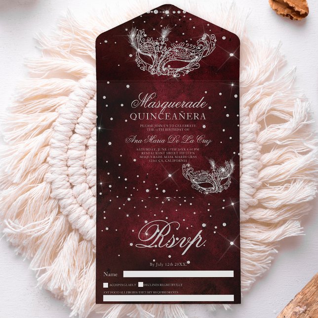 Masquerade silber Glitzer quinceanera rot All In One Einladung (Masquerade mask silver glitter quinceanera red all in one invitation)