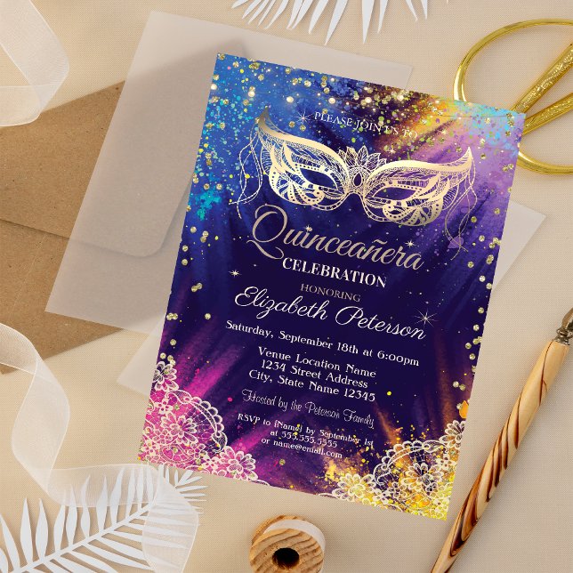 Masquerade, Spitz, Paint Splash Quinceañera Einladung (Von Creator hochgeladen)