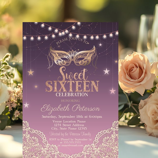 Masquerade, String Lights, Lace Sweet 16 Einladung (Von Creator hochgeladen)