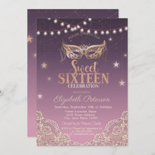 Masquerade, String Lights, Lace Sweet 16 Einladung