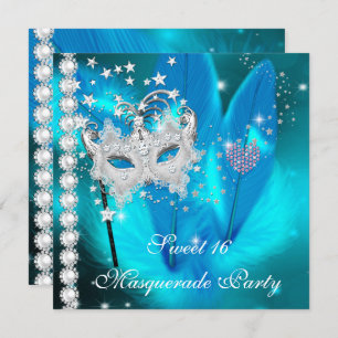 Masquerade Sweet 16 Aquamarin Black Feather Mask 2 Einladung