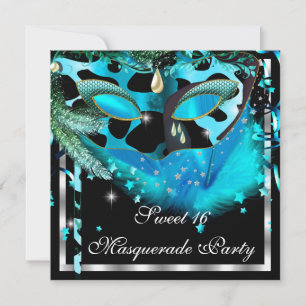 Masquerade Sweet 16 Aquamarin Black Feather Mask 3 Einladung