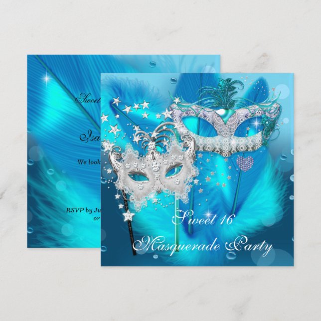 Masquerade Sweet 16 Aquamarin Blue Feather Mask 3 Einladung (Vorne/Hinten)