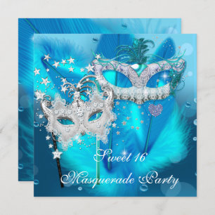 Masquerade Sweet 16 Aquamarin Blue Feather Mask 3 Einladung