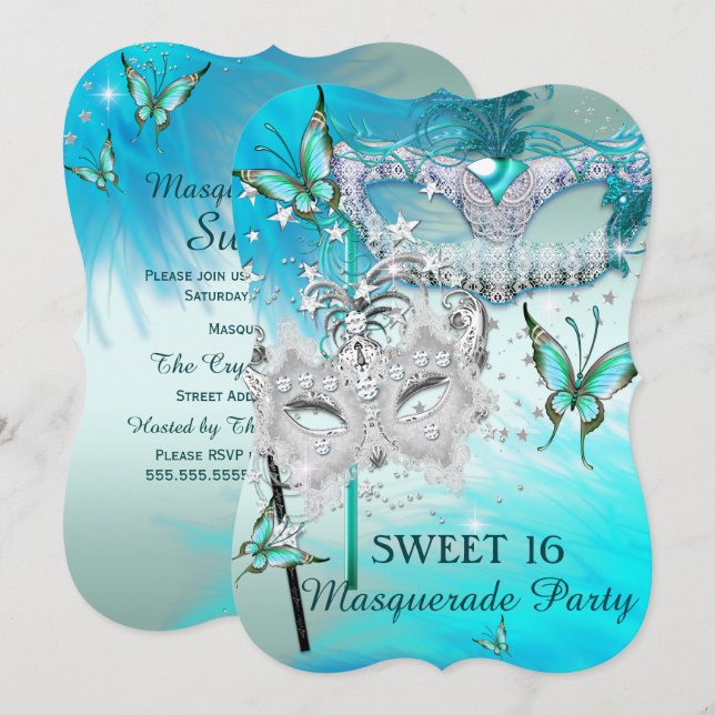 Masquerade Sweet 16 Aquamarin Mint Diamond Maske Einladung (Vorne/Hinten)
