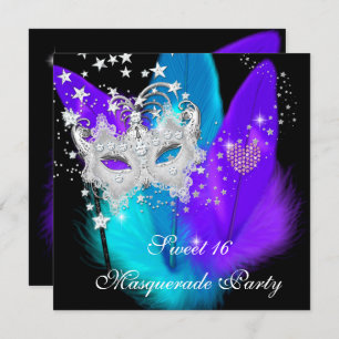 Masquerade Sweet 16 Lila Aquamarine Black Feather Einladung