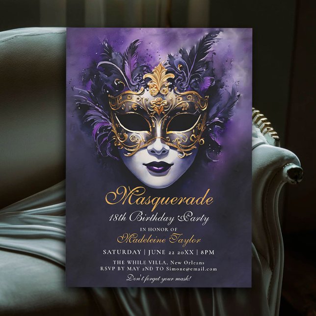 Masquerade Venezianisch Mask Gold Lila 18. Geburts Einladung (masquerade 18th birthday party invitation glam gold purple venetian mask)