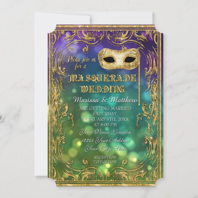 Masquerade Wedding Antique Vintag Mask Bokeh Gold Einladung (Vorderseite)