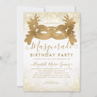 Masquerade White Gold Glitzer Staub Geburtstagspar Einladung