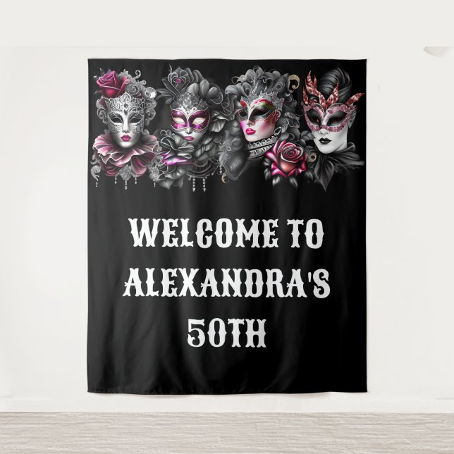 Masquerball Geburtstag rosa schwarzen silbernen Ma Wandteppich (Vorderseite)