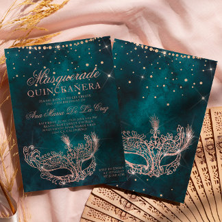 MasquerMaske aquamarine Rose Gold Glitzer quincean Einladung