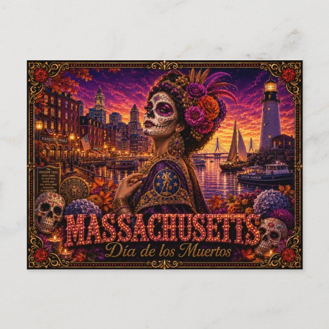 Massachusetts Día de los Muertos Retro Postkarte (Vorderseite)