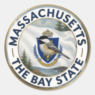 🌊 Massachusetts-Flagge und Schwarzkopfmeise Runder Aufkleber