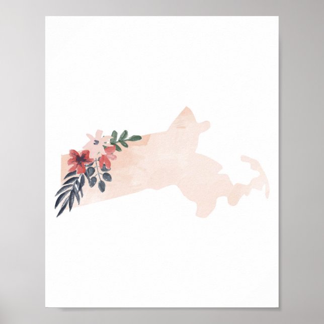 Massachusetts Floral Watercolor Staat Poster (Vorne)