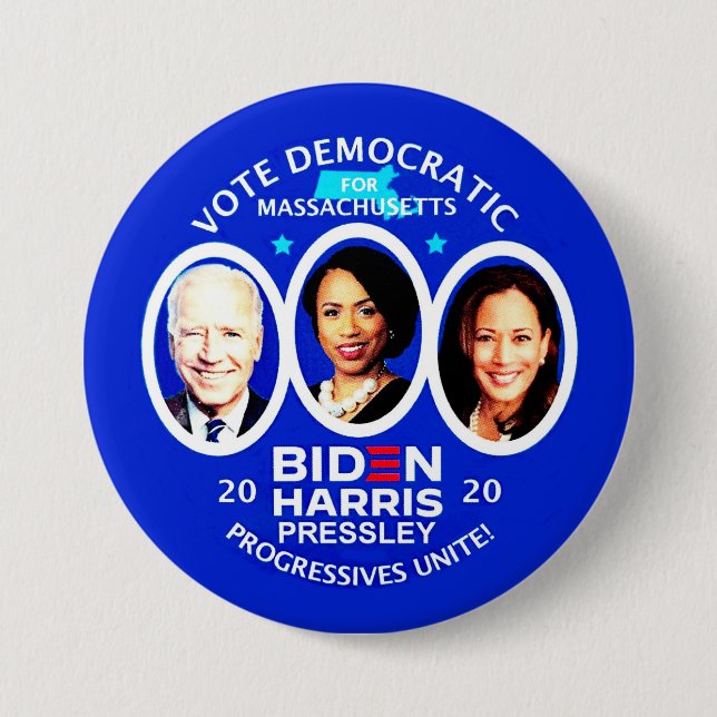 Massachusetts für Biden / Harris / Pressley Button (Vorderseite)