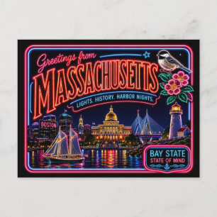 Massachusetts Neon State Retro Vintage Postkarte